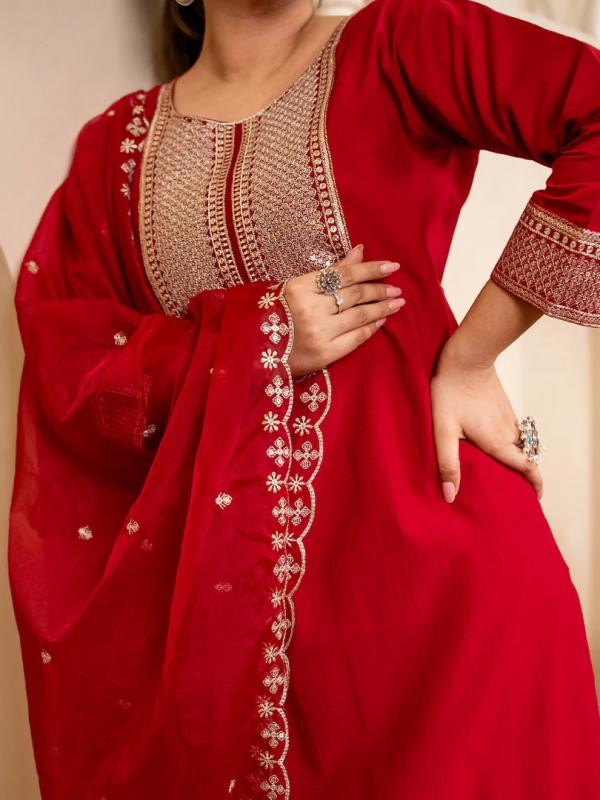 VP 9750 R Red Embroidered Silk Blend Suit Set With Dupatta